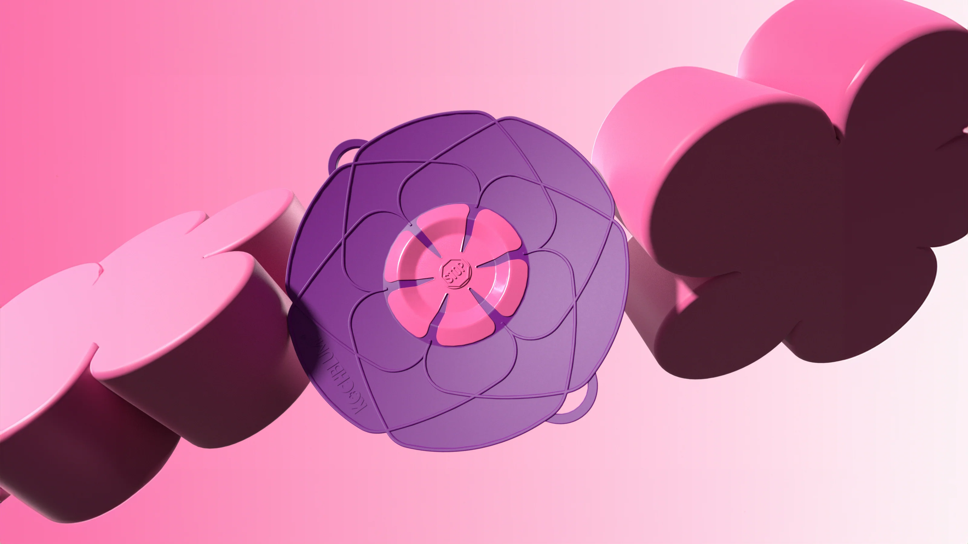 Rosa und violette, blumenförmige Objekte vor einem rosa Hintergrund mit Farbverlauf, die in einer diagonalen Linie angeordnet sind.