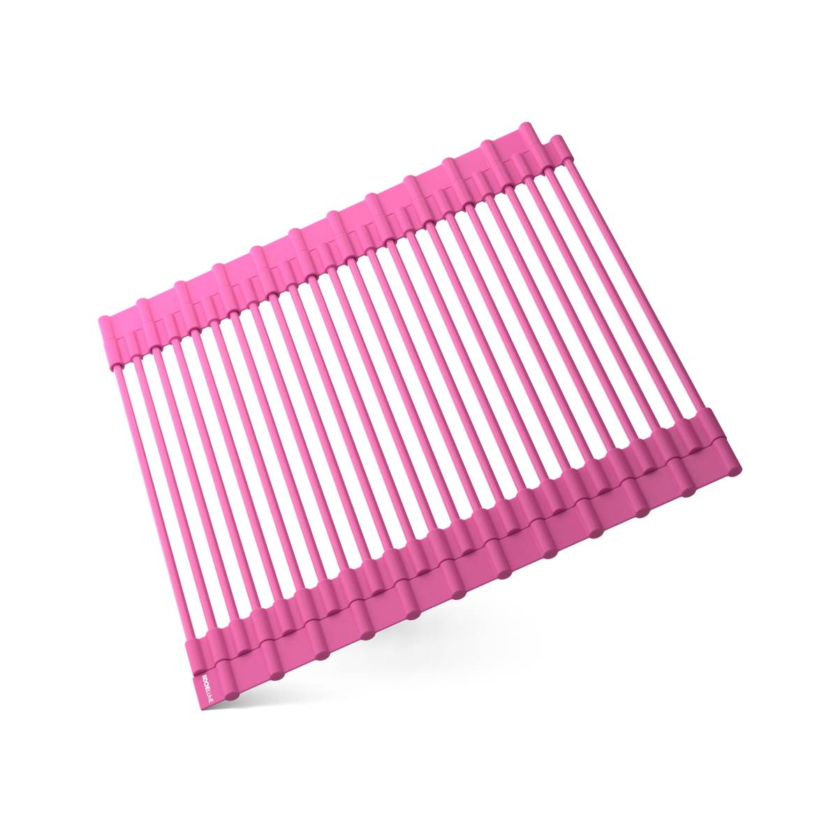 Ein rosa, rechteckiges Abtropfgitter mit Lamellen von Kochblume GmbH auf weißem Hintergrund – ein praktisches Küchenaccessoire für jede moderne Küche.