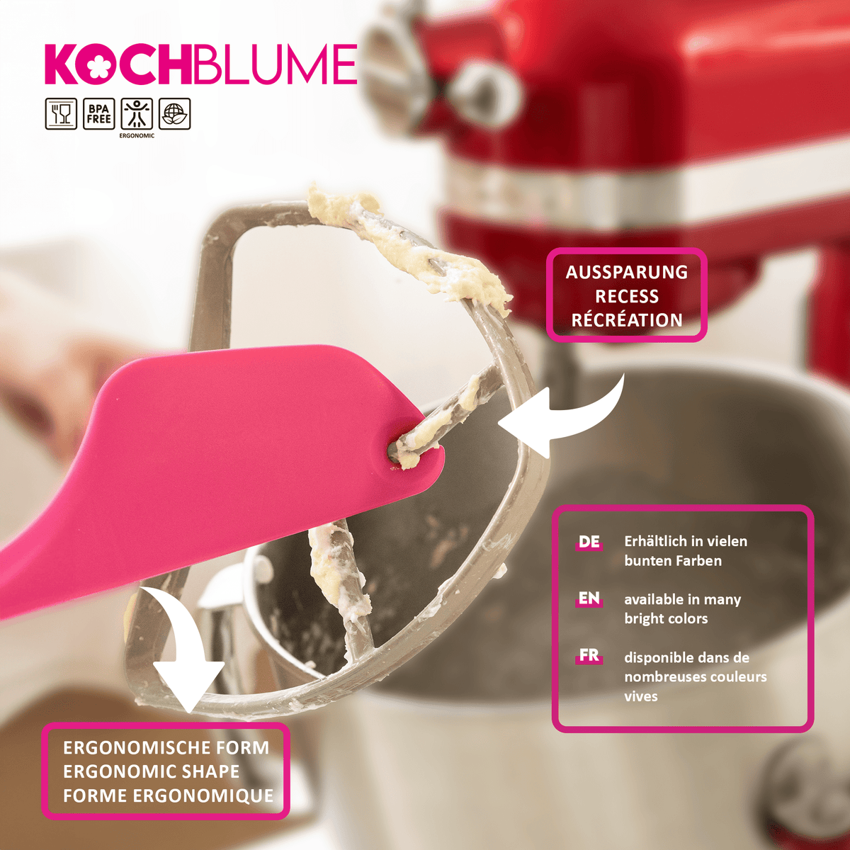 The Allzweckschaber by Kochblume GmbH is a pink spatula designed to efficiently scrape mixer beaters clean, with key features described in German, English, and French.