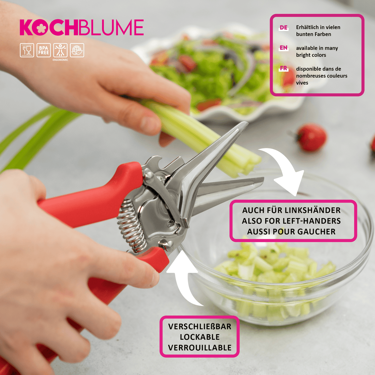Eine Hand schneidet mit der Allzweckschere der Kochblume GmbH, einer vielseitigen Küchenschere, Sellerie in eine Glasschüssel, während im Begleittext die wichtigsten Eigenschaften des Produkts hervorgehoben werden.
