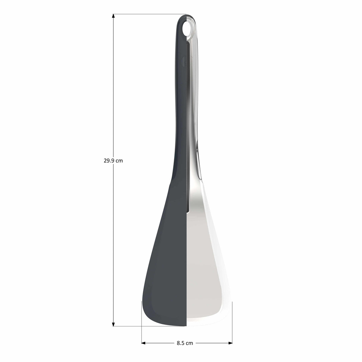 Ein Designwender-Pfannenwender der Firma Kochblume GmbH mit einer Länge von 29,9 cm und einer Breite von 8,5 cm sowie Maßmarkierungen, abgebildet auf weißem Hintergrund.