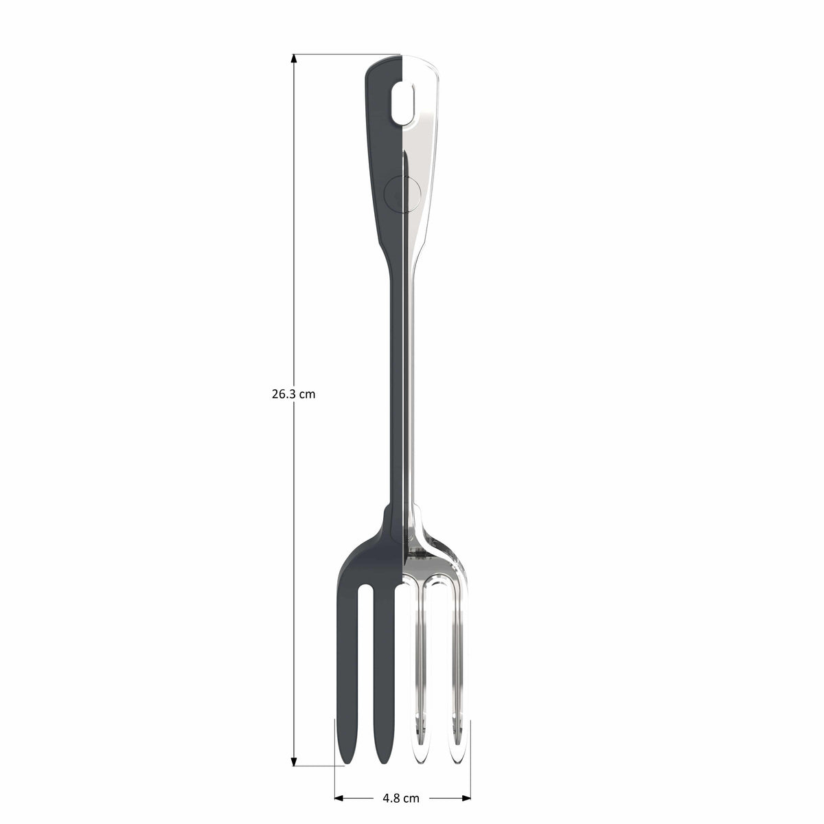 Eine Küchengabel der Firma Kochblume GmbH im schwarz-silbernen Design mit einer Länge von 26,3 cm und einer Breite von 4,8 cm, abgebildet auf weißem Hintergrund.