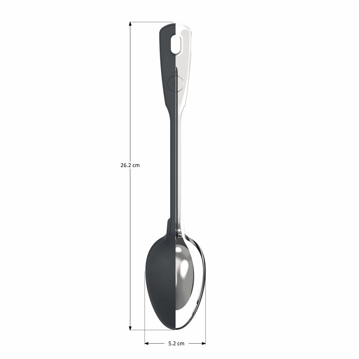 Kochblume GmbH Küchenlöffel – Dieser elegante Messlöffel aus Metall ist 26,2 cm lang und 5,2 cm breit und wird aufrecht auf weißem Hintergrund abgebildet.