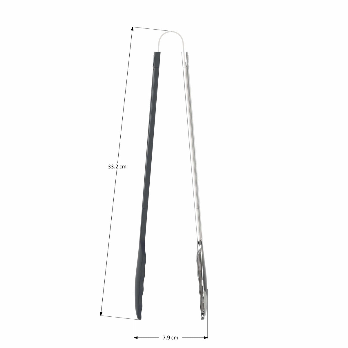 Küchenzange „Gourmetzange“ aus Metall von Kochblume GmbH, mit einem eleganten schwarzen Griff und einer Länge von 33,2 cm sowie einer Breite von 7,9 cm.