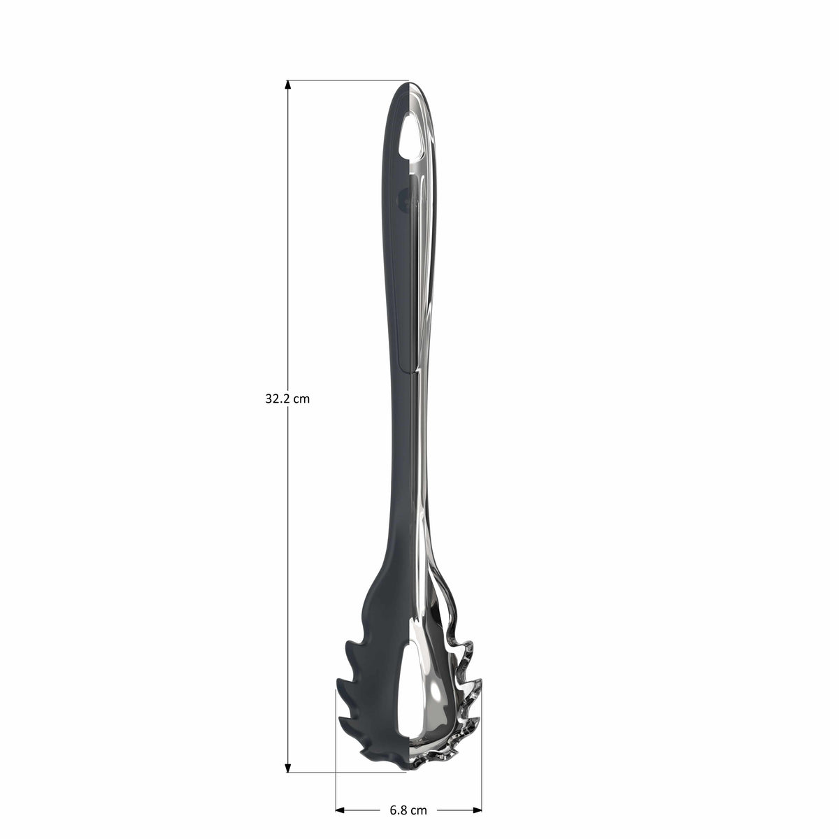 Der Pastalöffel der Kochblume GmbH, eine Pastazange aus Metall mit gezackten Kanten, einer Länge von 32,2 cm und einer Breite von 6,8 cm, wird vor einem weißen Hintergrund abgebildet. Diese robusten Küchenhelfer sorgen für einen sicheren Halt der Nudeln und erleichtern so das Servieren und die Zubereitung von Speisen. Dank ihrer robusten Bauweise ist die Pastazange die perfekte Wahl für Hobbyköche und Profiköche, die zuverlässige Küchenutensilien mit durchdachten Designmerkmalen suchen.