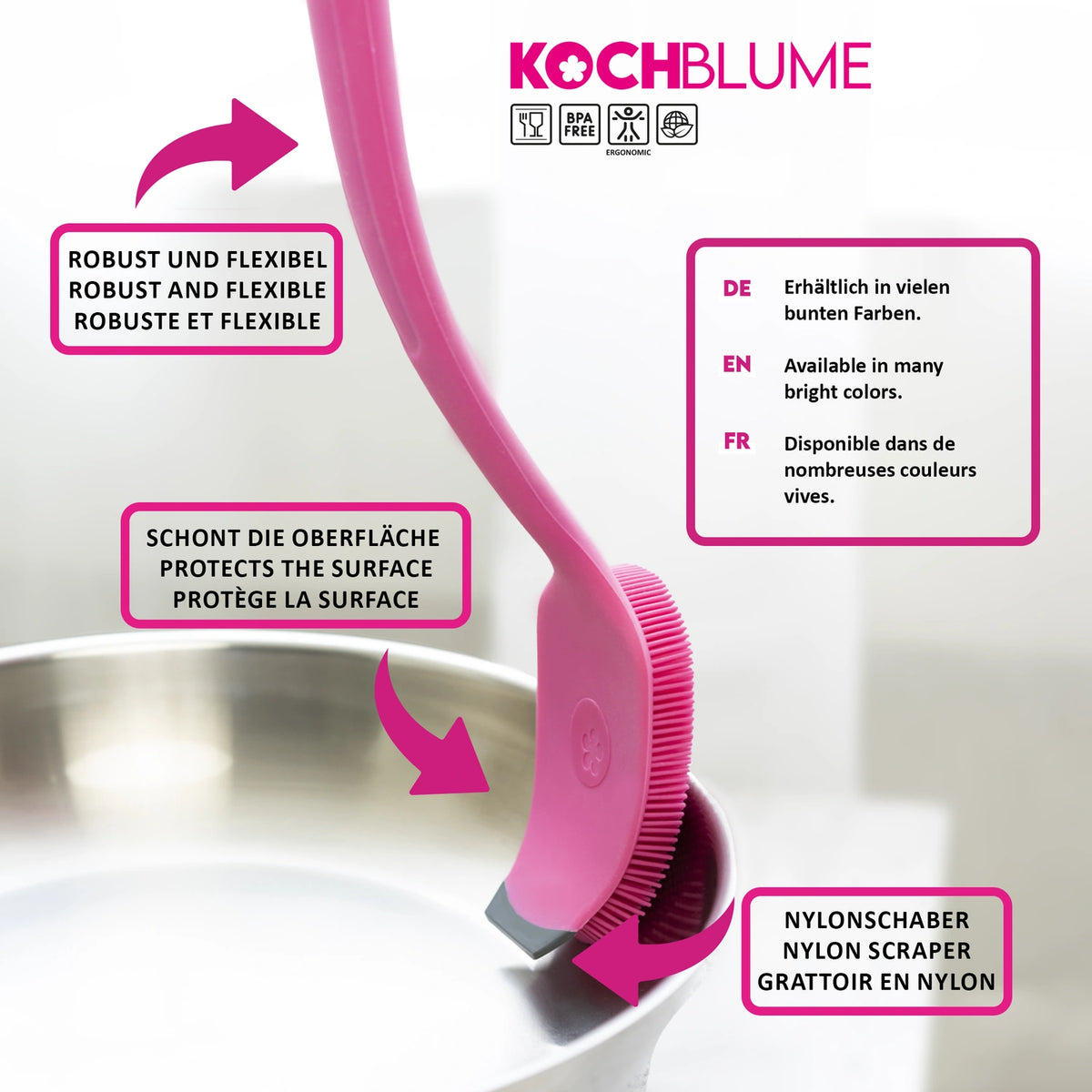 Ein rosa Nylon-Schaber der Marke „Universalbürste“ von der Kochblume GmbH schabt die Innenseite eines silbernen Topfes ab, wobei der mehrsprachige Produktbeschreibungstext zur leichteren Orientierung elegant dargestellt ist.
