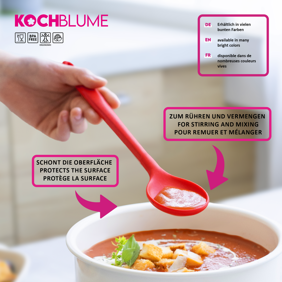 A hand stirs soup with the Kochlöffel from Kochblume GmbH above a white bowl, while text in German, English, and French highlights the unique features of this red cooking spoon.