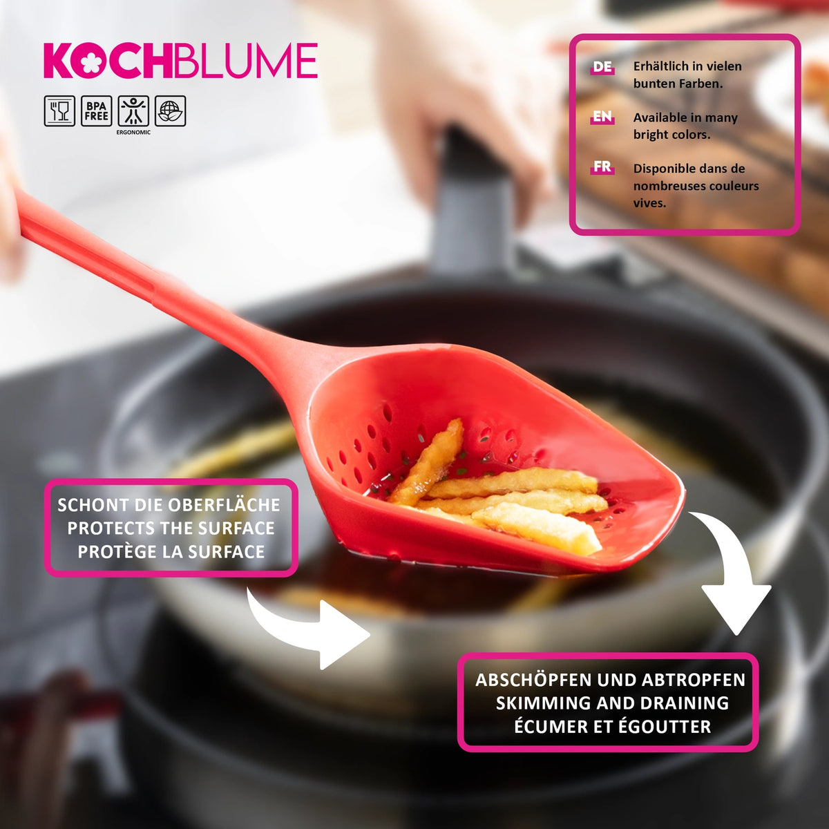 Die leuchtend rote Seihschaufel der Kochblume GmbH hebt Pommes frites effizient aus der Pfanne; ihre Beschriftungen heben wichtige Funktionen wie das Abschöpfen, Abtropfen und den Schutz der Kochgeschirr-Oberflächen hervor – was dieses vielseitige Utensil zu einem unverzichtbaren Küchenzubehör in jeder Küche macht.