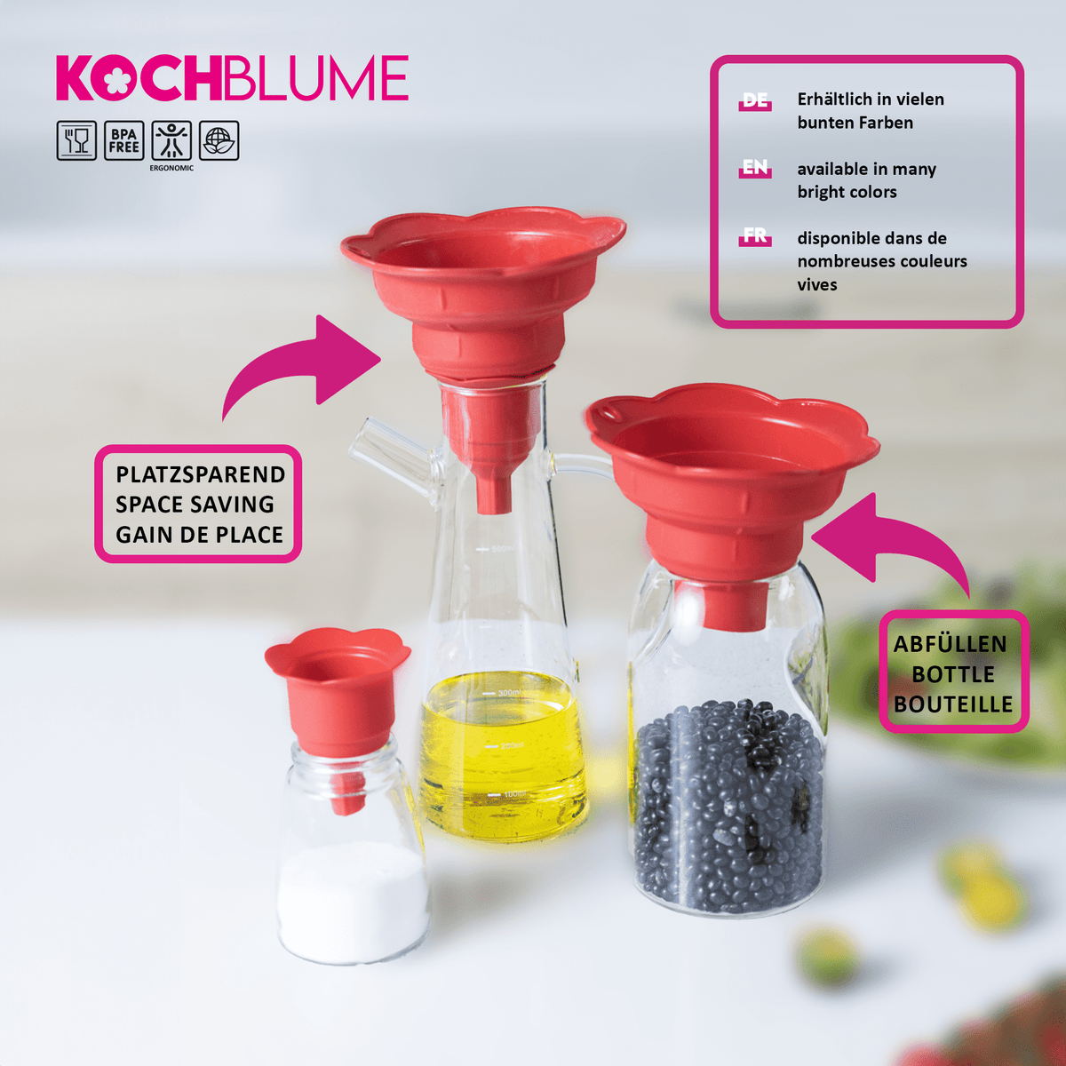 Drei Falttrichter-Silikontrichter der Firma Kochblume GmbH – in leuchtendem Rot – auf Flaschen mit Salz, Öl und Bohnen vor einem hellen Hintergrund. Diese platzsparenden, zusammenklappbaren Trichter eignen sich perfekt, um Küchenutensilien einfach und effizient zu ordnen und umzufüllen.
