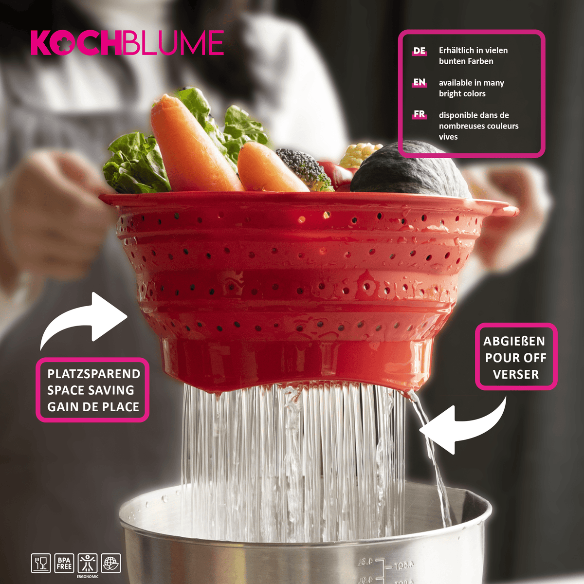 Das „Faltsieb“ der Kochblume GmbH, ein rotes Sieb, das zum Abtropfen von Gemüse direkt in den Topf konzipiert ist, verfügt über eine klare Beschriftung in Deutsch, Englisch und Französisch, um eine einfache Handhabung und ein gutes Verständnis zu gewährleisten.