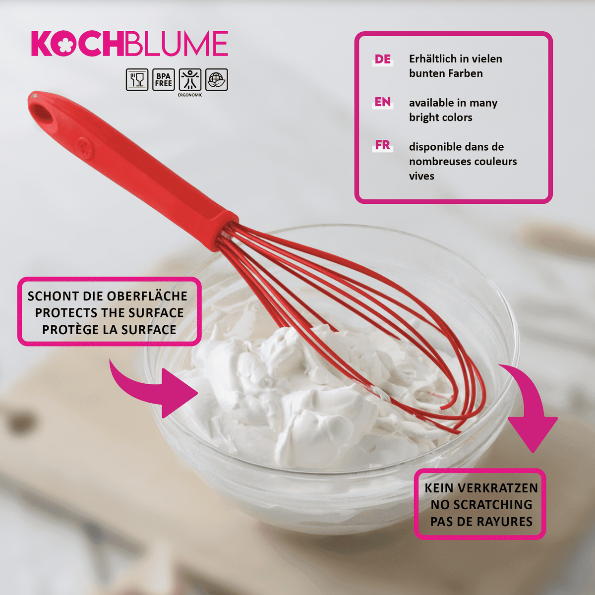 Ein leuchtend roter Schneebesen der Firma Kochblume GmbH liegt auf einer Schüssel mit Schlagsahne; der Begleittext hebt sein schützendes Design und seine kratzfesten Eigenschaften für sicheres und effizientes Rühren hervor.