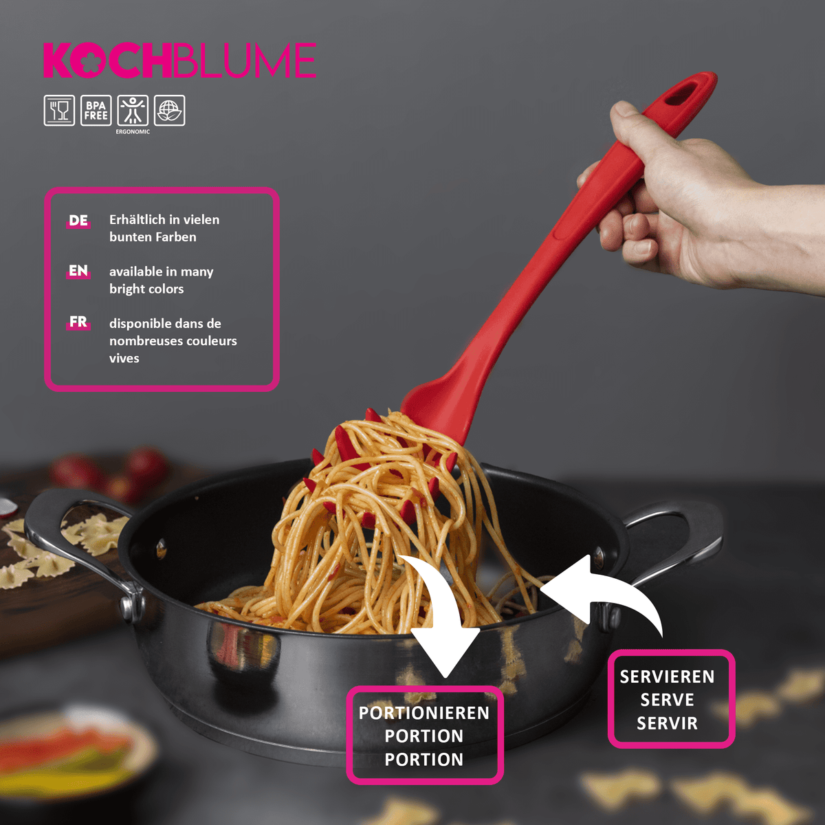 Eine Hand hebt mit dem Pastalöffel der Kochblume GmbH – einem leuchtend roten Servierbesteck – Spaghetti aus einem eleganten schwarzen Topf. Dieser hochwertige Pastalöffel wurde für müheloses Servieren entwickelt und ist Teil der Premium-Küchenaccessoire-Kollektion von Kochblume.
