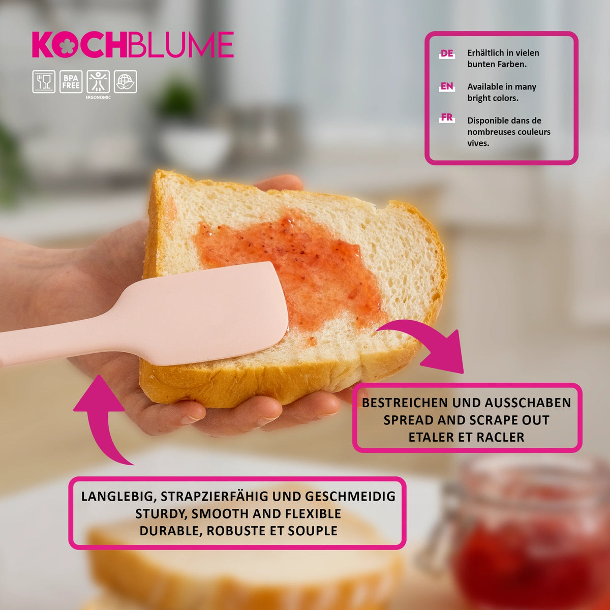 A person spreads jam on bread using the Teigschaber by Kochblume GmbH—a pink spatula—while product features and uses are highlighted in text boxes. However, the provided product description lacks meaningful content about the Teigschaber, consisting mostly of CSS/style code rather than descriptive information.