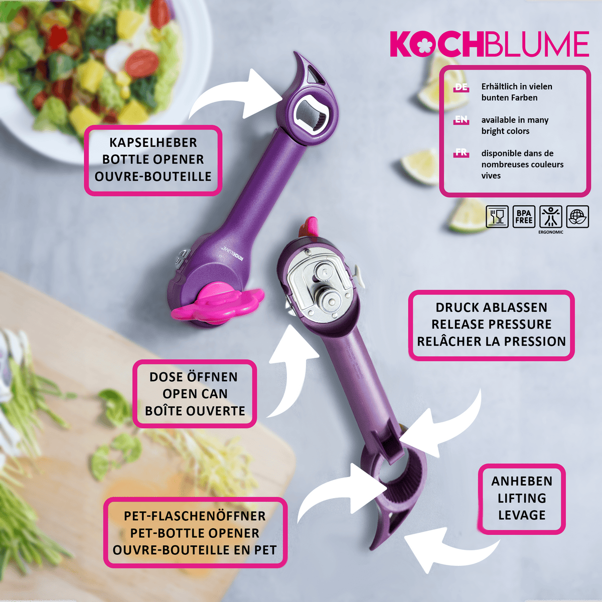 Der Dosenöffner der Kochblume GmbH ist ein violettes Multifunktions-Küchenwerkzeug mit deutlich gekennzeichneten Funktionen, das zum sicheren Öffnen von Flaschen und Dosen sowie zum Druckablass entwickelt wurde. Auch wenn die ursprüngliche Beschreibung knapp ausfiel, bietet dieses vielseitige Gerät praktische Funktionalität und Komfort in jeder Küche.