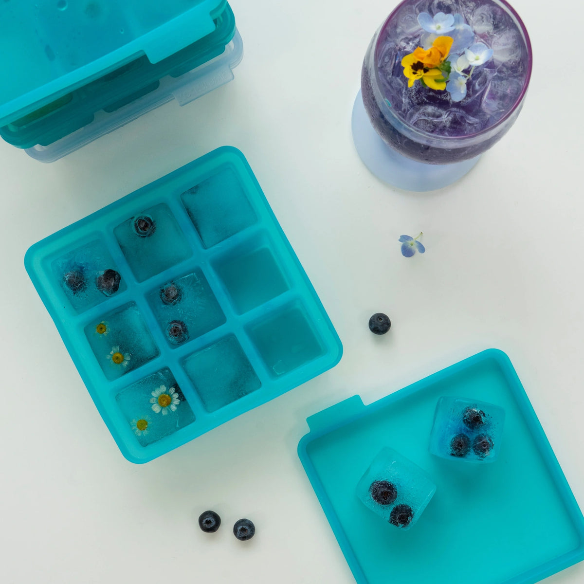 Eine Eiswürfelform der Kochblume GmbH, gefüllt mit Heidelbeeren und Blüten, sorgt für wunderschöne Eiswürfel, die sich perfekt für erfrischende Getränke eignen. Auf einer sauberen weißen Fläche neben der stilvollen blauen Eiswürfelform liegen lose Heidelbeeren verstreut.
