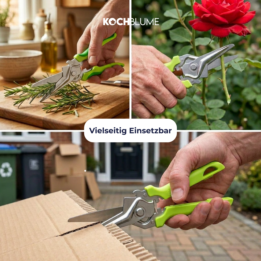 In drei verschiedenen Szenen wird eine Schere mit grünem Griff verwendet, um Kräuter, eine Rose und Pappe zu schneiden.
