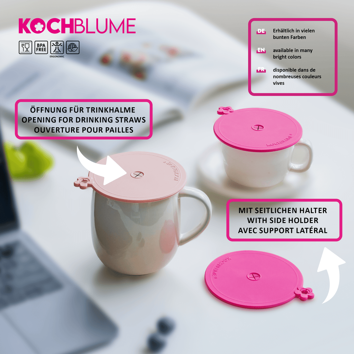 Hier ist eine überarbeitete Version Ihres Satzes unter Verwendung der bereitgestellten Produktdaten: Genießen Sie Ihre Getränke mit dem 3-teiligen Glasabdeckungsset der Kochblume GmbH: zwei elegante Becher mit rosa Silikondeckeln – einer mit einer Öffnung für einen Strohhalm, der andere flach daneben liegend. Der dezente, von CSS inspirierte Rand unterstreicht ihre minimalistische Ästhetik und macht sie perfekt für alle, die sowohl bei der Wohnkultur als auch bei Alltagsgegenständen den RTE-Stil schätzen.