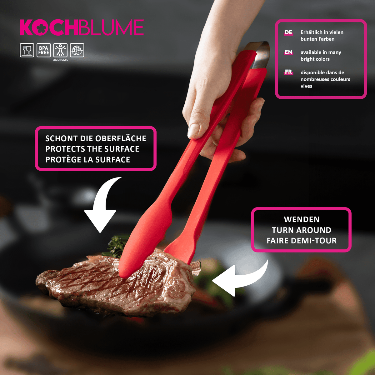 Eine „Gourmetzange“ der Firma Kochblume GmbH greift ein Steak in einer schwarzen Pfanne und wendet es, wobei im Text der Oberflächenschutz und die verfügbaren Farboptionen hervorgehoben werden – die bereitgestellte Produktbeschreibung enthält jedoch lediglich CSS-Code und keine tatsächlichen Produktinformationen.