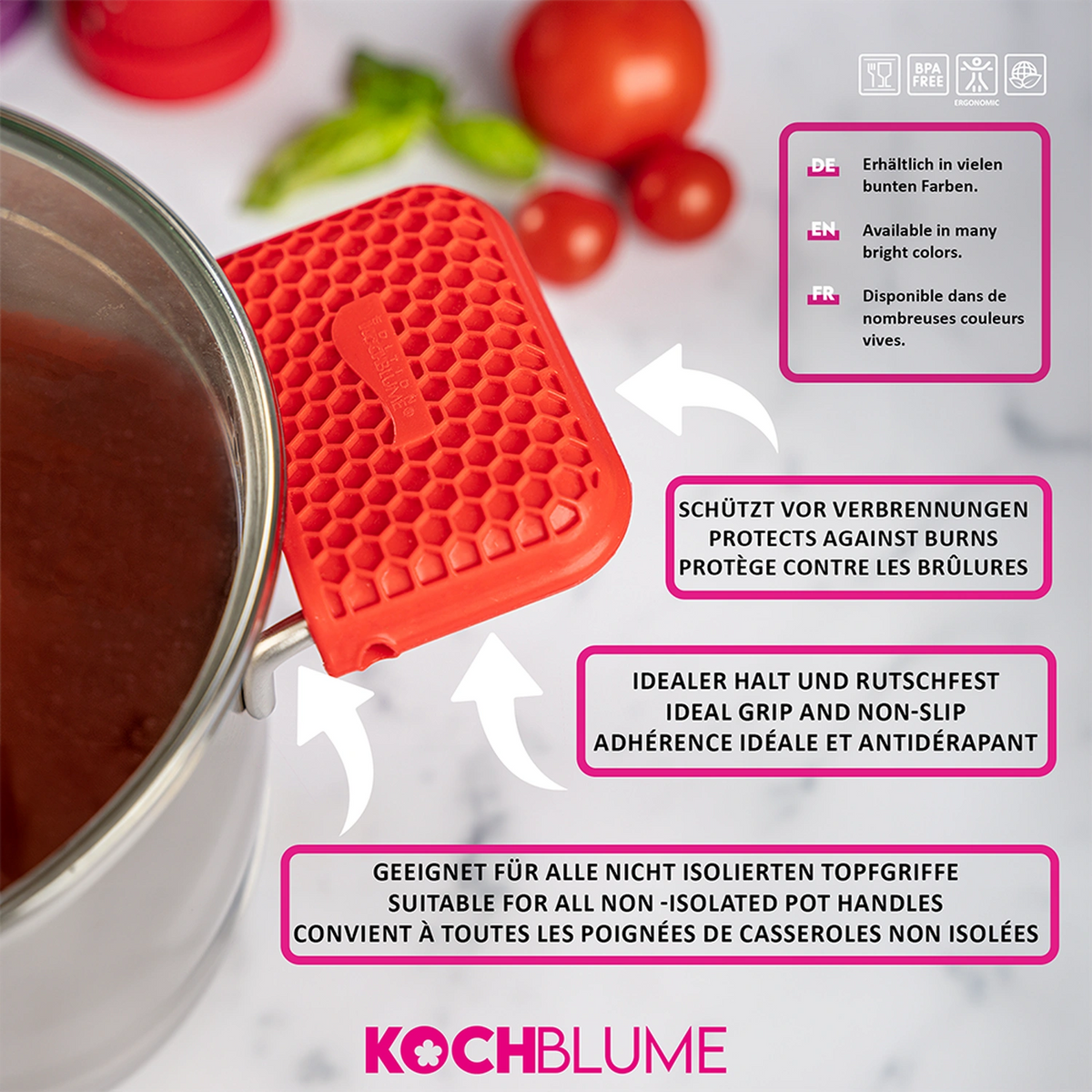« Griffschutz » de Kochblume GmbH est une manique en silicone rouge qui offre une prise en main sûre de votre casserole et assure une protection contre les brûlures ; des mentions multilingues soulignent ses avantages en matière de sécurité.