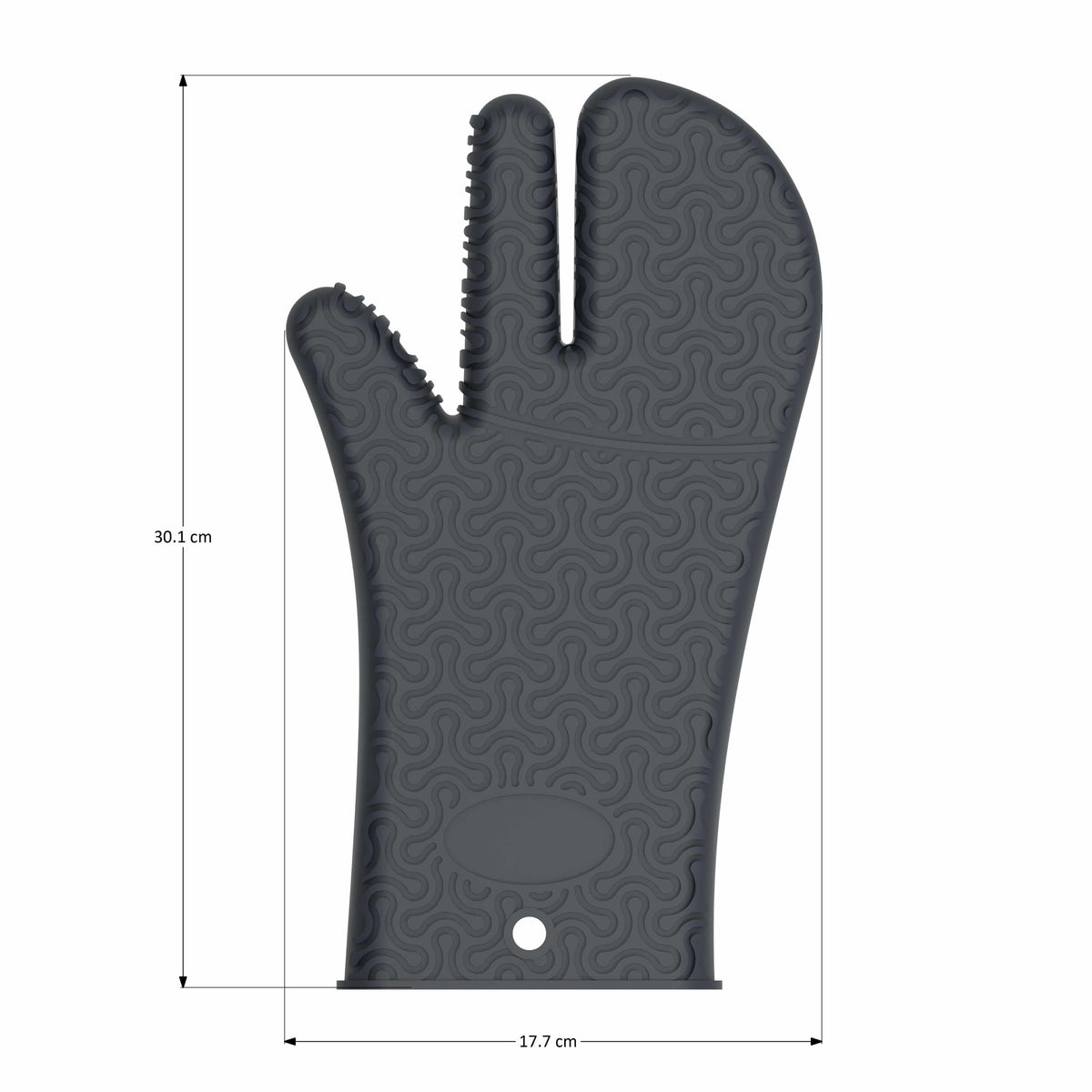 Der Handschuh der Kochblume GmbH ist ein grauer Ofenhandschuh aus Silikon mit strukturierter Oberfläche, zwei Hauptfingern und seitlichen Maßmarkierungen – entwickelt für Langlebigkeit und Hitzebeständigkeit.