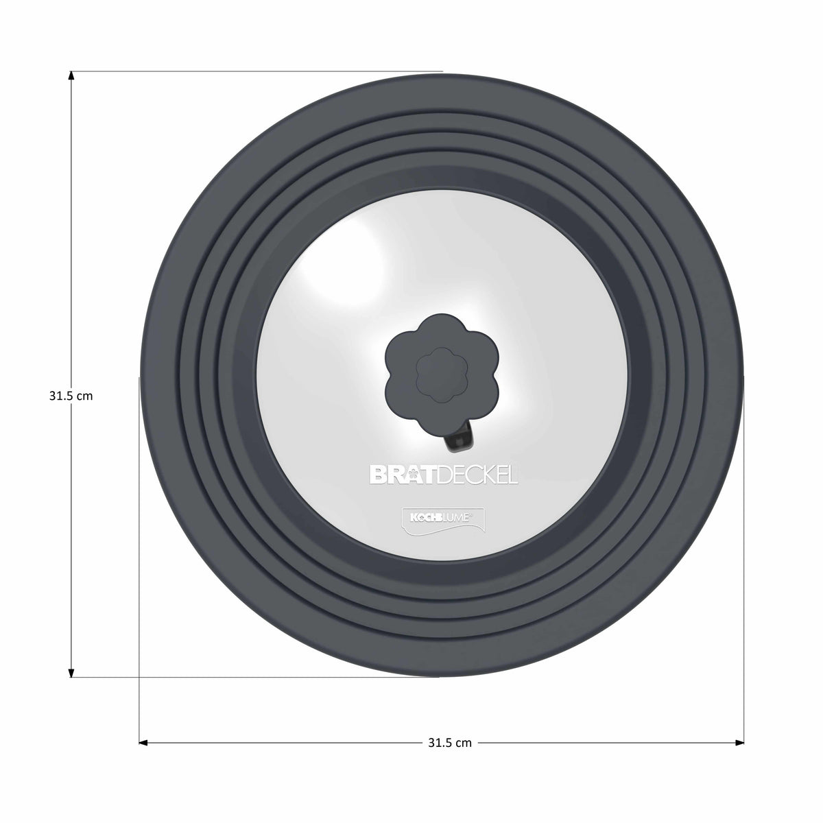 Draufsicht auf den „Bratdeckel“ der Kochblume GmbH, einen runden Topfdeckel aus Glas und Silikon mit einem Durchmesser von 31,5 cm und einem schwarzen, blumenförmigen Griff, der von der Ästhetik des RTE-Stils inspiriert ist. Der schlanke Rand spiegelt die modernen CSS-Konturen wider, wie sie in Rich-Text-Editoren zu finden sind, und verbindet funktionale Eleganz mit zeitgemäßem Design.