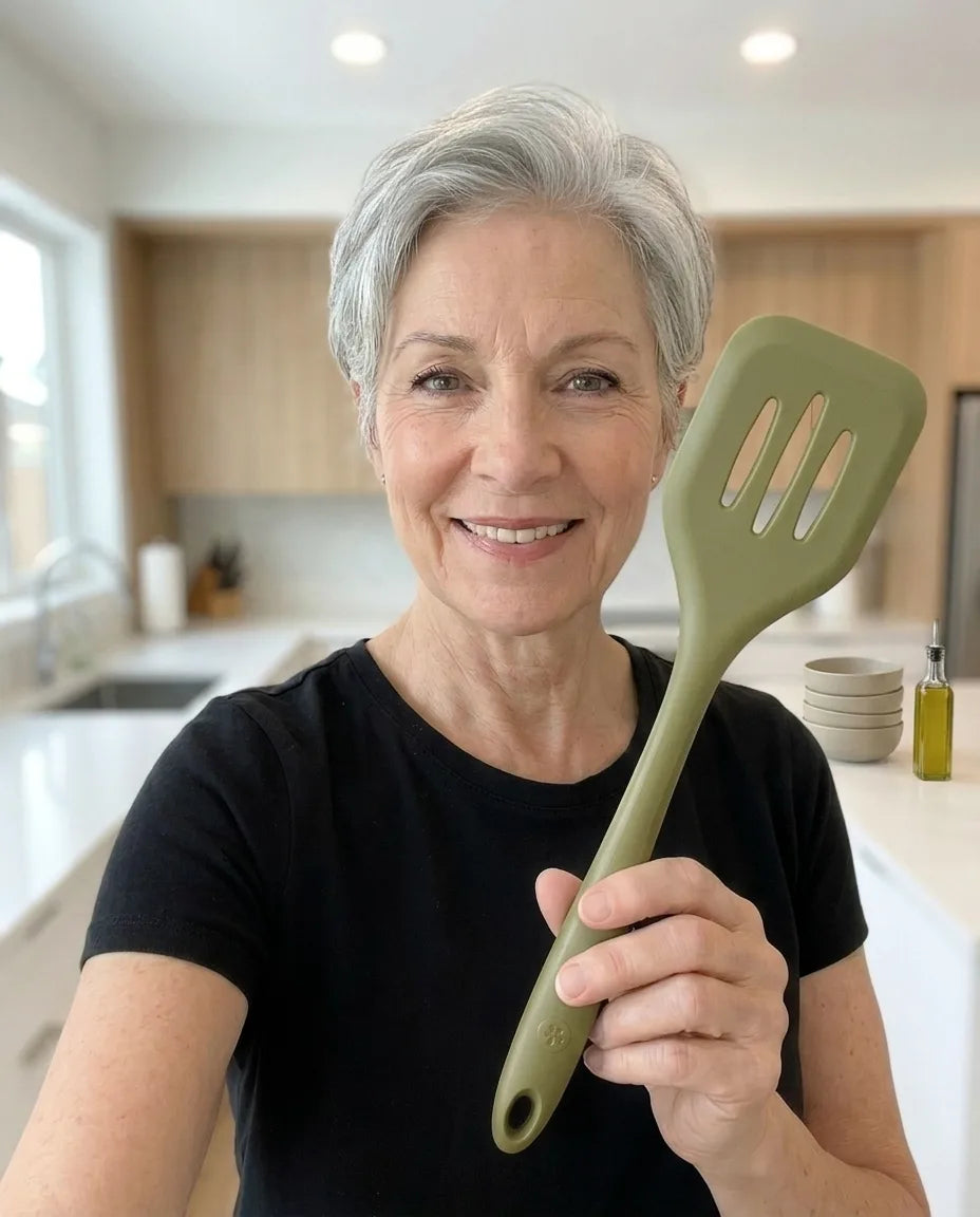 Eine lächelnde ältere Frau mit kurzen grauen Haaren, die in einer modernen Küche einen grünen Pfannenwender in der Hand hält.