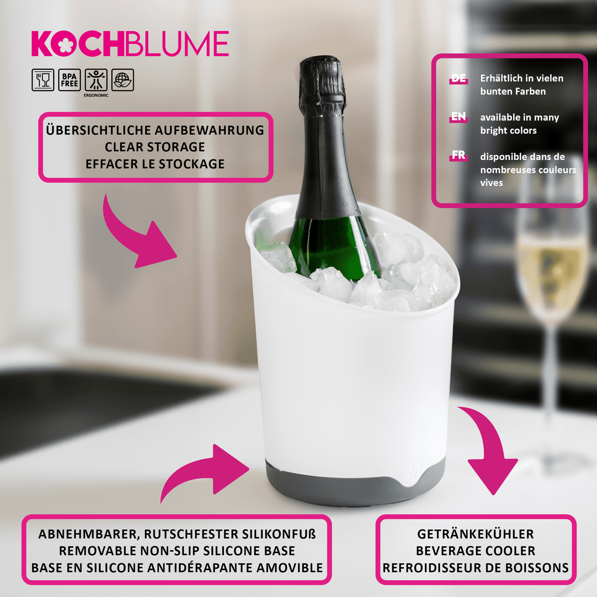 Es wird ein eleganter Utensilienbehälter der Firma Kochblume GmbH vorgestellt, der sich durch seine beschrifteten Details und den mehrsprachigen Text in Deutsch, Englisch und Französisch auszeichnet.
