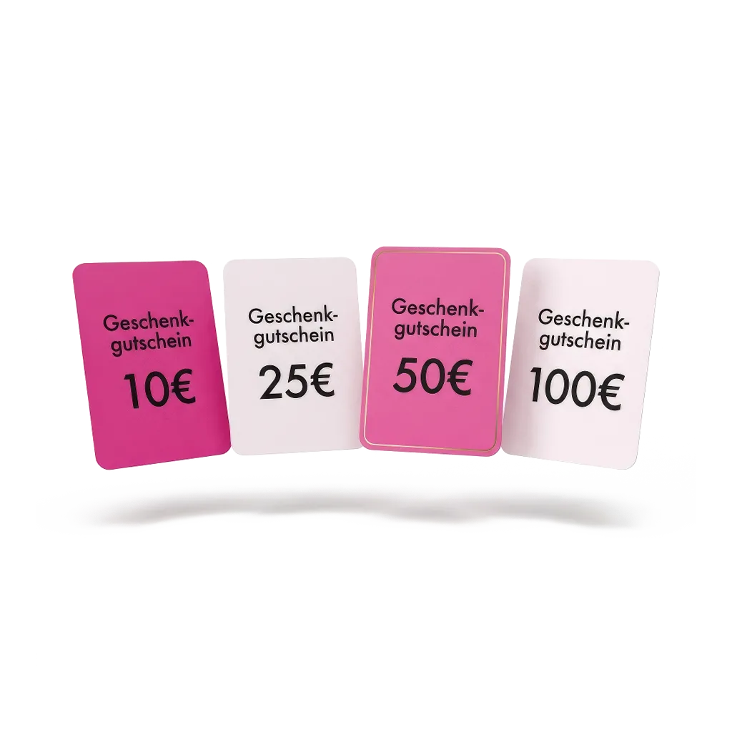 Vier Kochblume-Online-Gutscheine der Kochblume GmbH – im Wert von 10 €, 25 €, 50 € und 100 € – sind auf weißem Hintergrund abgebildet.