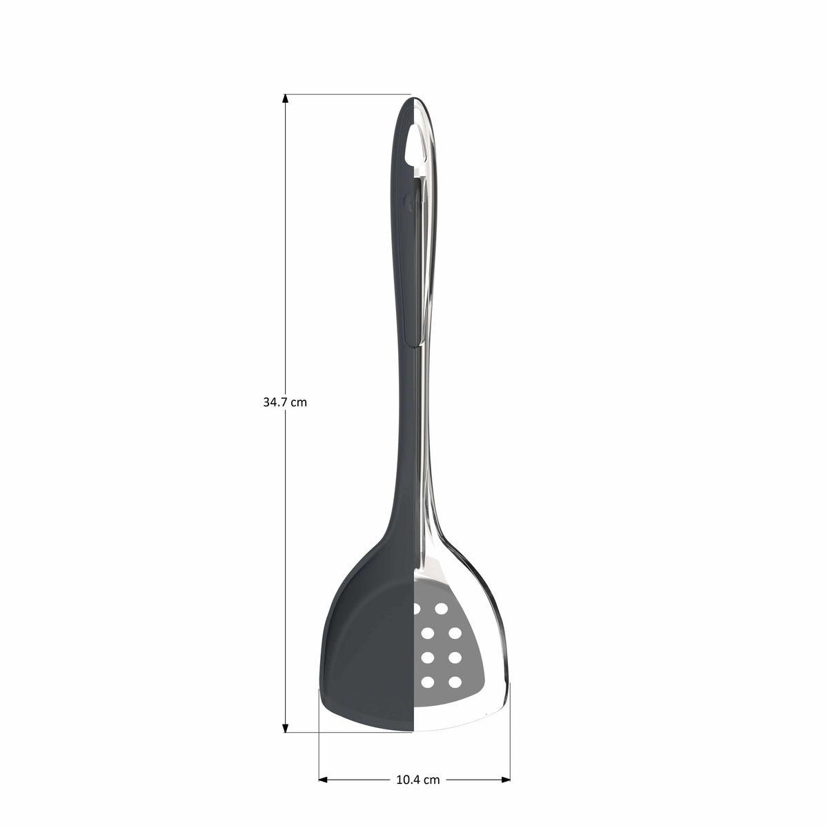 Pfannenschaufel von Kochblume GmbH: Dieser schwarz-silberne Küchenlöffel mit Schlitzen ist 34,7 cm hoch und 10,4 cm breit.