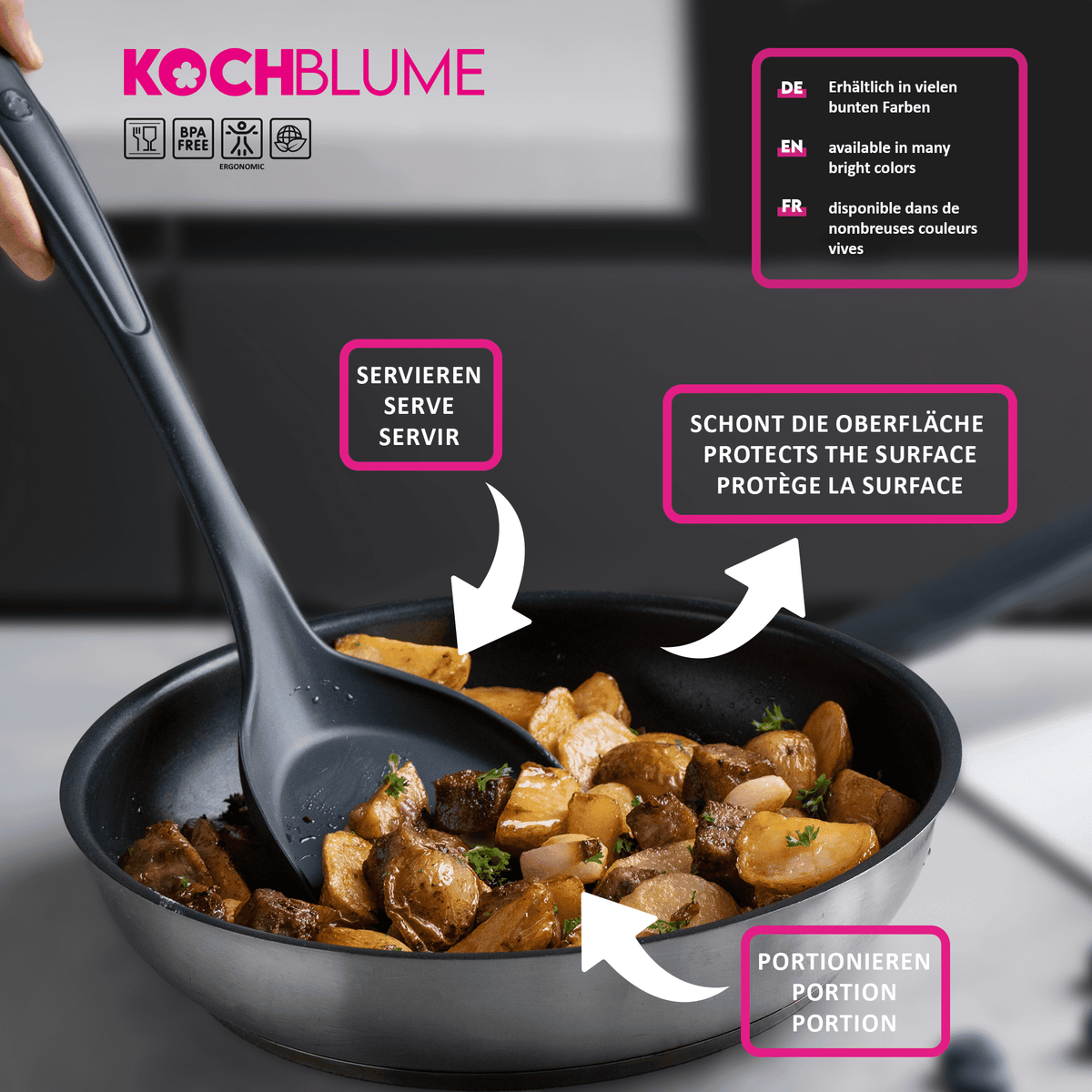 „Pfannenschaufel“ von Kochblume GmbH – eine schwarze Schöpfkelle, die sich ideal zum Umrühren von Bratkartoffeln in einer Antihaftpfanne eignet und für den vielseitigen Einsatz in der Küche konzipiert ist.