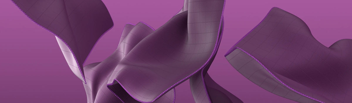 Abstrakte violette Stoffformen mit genähten Kanten auf einem violetten Hintergrund mit Farbverlauf.