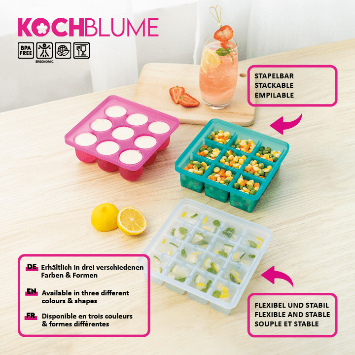 Klar! Hier ist eine überarbeitete Version des Satzes unter Verwendung Ihrer Produktdaten: Drei Eiswürfelformen der Kochblume GmbH in verschiedenen Farben und Formen – eine mit Kerzen und eine andere mit Mais gefüllt – sind auf einem Holztisch angeordnet.
