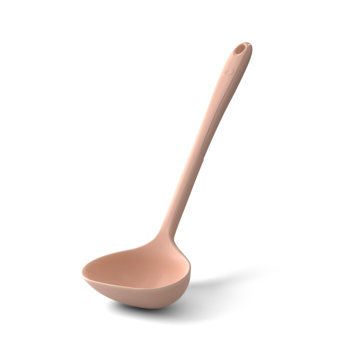 Eine rosa Silikon-Schöpfkelle mit langem Stiel und tiefem Schöpflöffel von Kochblume GmbH, präsentiert vor einem schlichten weißen Hintergrund.