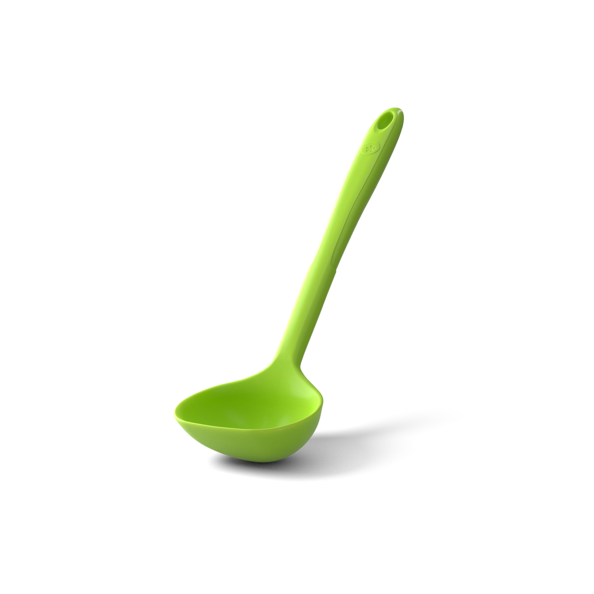 Die „Schöpfkelle“ der Kochblume GmbH ist eine stilvolle grüne Suppenkelle mit einer praktischen Öffnung im Stiel, die eine einfache Aufbewahrung ermöglicht. Sie wird vor einem schlichten weißen Hintergrund gezeigt, um ihr funktionales und ansprechendes Design hervorzuheben.