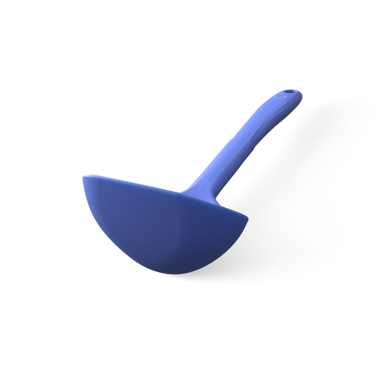 Die Schöpfkelle der Kochblume GmbH ist ein blaues Küchenutensil aus Silikon mit einer geschwungenen, halbkuppelförmigen Schaufel und einem ergonomischen Griff, das sich dank seiner strapazierfähigen Silikonkonstruktion ideal für reibungsloses Kochen eignet.