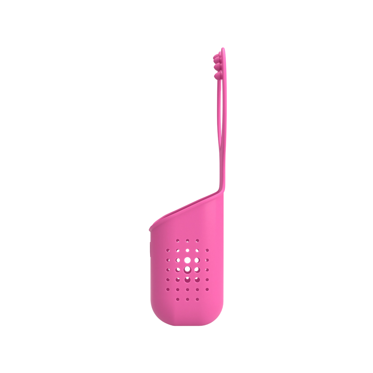 Die „Schwammtasche“ der Kochblume GmbH ist ein rosa, perforierter Hängekorb aus Silikon mit zwei Knöpfen, der von der Seite vor einem weißen Hintergrund abgebildet ist.
