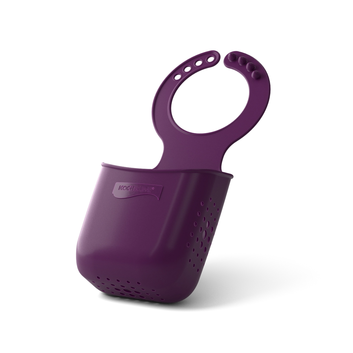 „Schwammtasche“ von Kochblume GmbH – ein violettes Küchensieb aus Silikon mit Griff und Abtropflöchern, das aufrecht auf einem weißen Hintergrund steht.