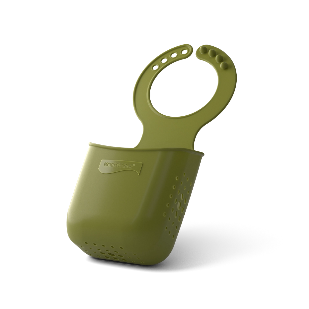 „Green Schwammtasche“ von Kochblume GmbH – ein Utensilienhalter aus Silikon mit perforiertem Boden und Schlaufengriff, abgebildet in aufrechter Position vor weißem Hintergrund.
