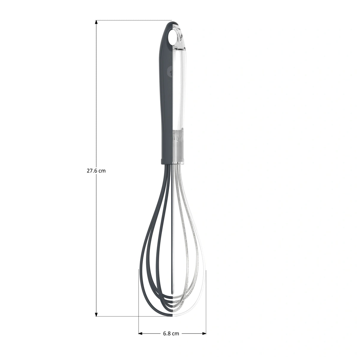 Ein Schneebesen der Firma Kochblume GmbH mit schwarzem Griff aus Metall ist 27,6 cm lang und 6,8 cm breit. Das Produkt ist mit sichtbaren Maßmarkierungen zur Orientierung abgebildet.