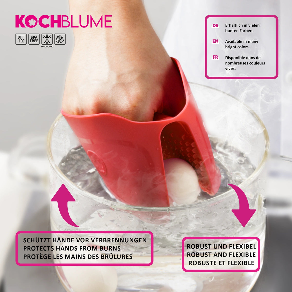 Eine Hand in einem roten Silikon-Handschuh der Kochblume GmbH „Thermo-Fingerschutz“ hält ein Ei über kochendes Wasser in einem Glastopf, wobei die Produktdetails in drei Sprachen angegeben sind, um eine klare und bequeme Verwendung zu gewährleisten. Dieser hitzebeständige Handschuh der Kochblume GmbH sorgt für eine sichere Handhabung beim Kochen und hält hohen Temperaturen problemlos stand.