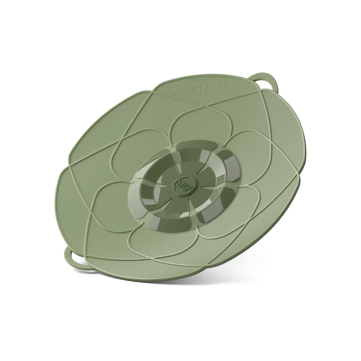 Grüner Silikon-Deckel „Überkochschutz“ von Kochblume mit Blumenmuster der Kochblume GmbH, schräg auf weißem Hintergrund abgebildet.