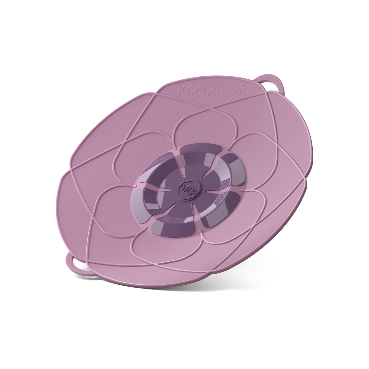 Ein violetter, blumenförmiger Küchendeckel aus Silikon der Firma Kochblume GmbH, auf dessen Rand der Name „Kochblume Überkochschutz“ eingeprägt ist, fotografiert vor weißem Hintergrund.