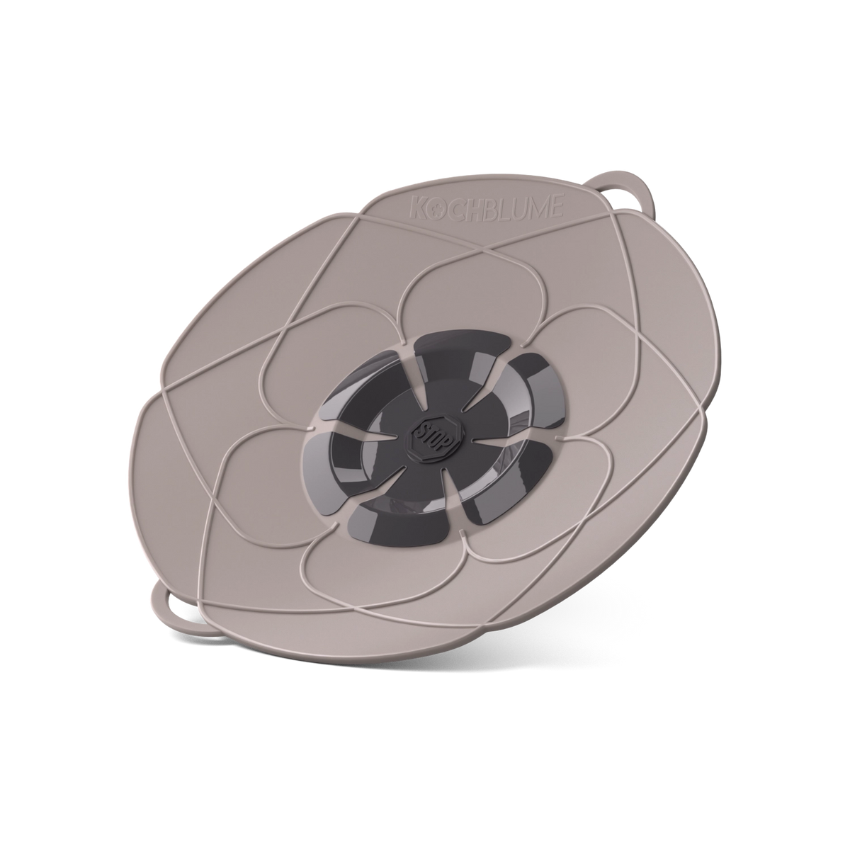 Kochblume Überkochschutz von Kochblume GmbH: Ein grauer Silikon-Deckel mit Überkochschutz und Blumenmuster, der aufrecht auf einem weißen Hintergrund abgebildet ist.