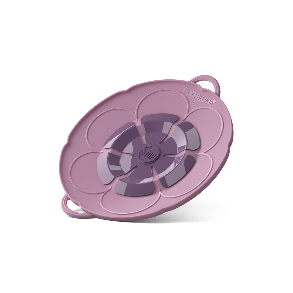 Der „Kochblume Überkochschutz“ der Kochblume GmbH – eine schräge Ansicht eines violetten, blumenförmigen Überkochschutzdeckels aus Silikon mit zwei Griffen vor weißem Hintergrund.
