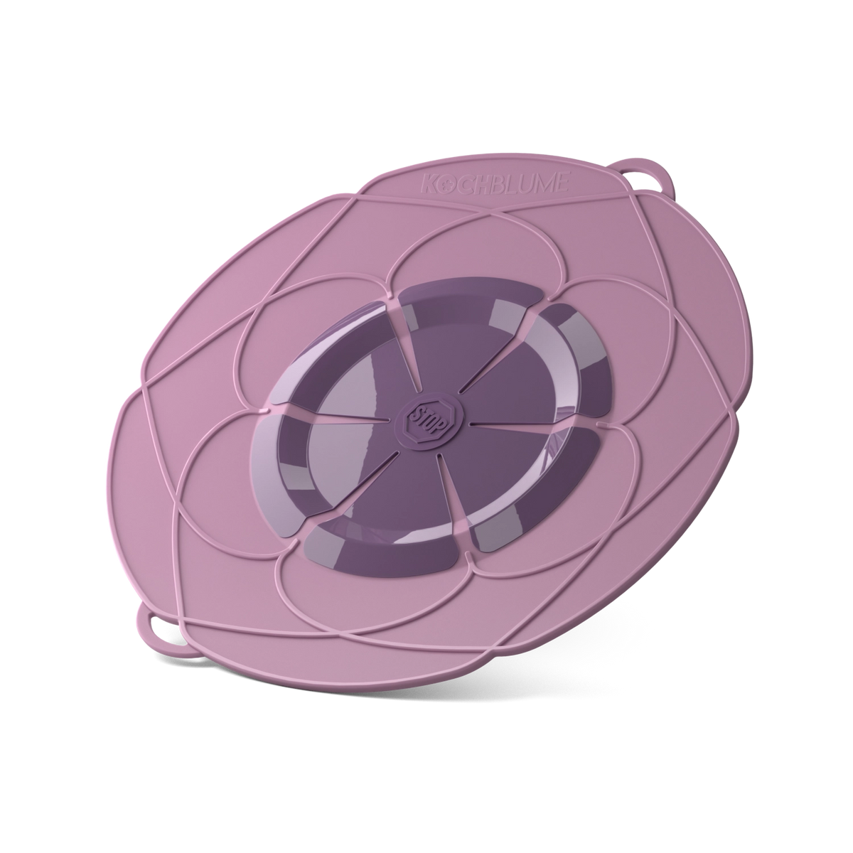 „Kochblume Überkochschutz“ von Kochblume GmbH, ein violetter Silikon-Deckel mit Überkochschutz und Blumenmuster, von oben auf weißem Hintergrund.