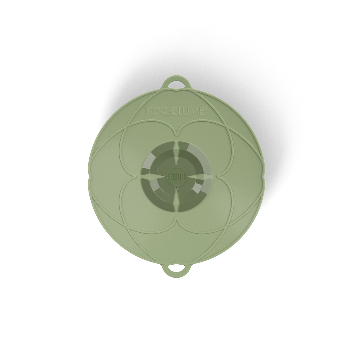 Silikondeckel „Green Kochblume Überkochschutz“ der Kochblume GmbH mit Blumenmuster und einem runden STOP-Knopf in der Mitte, von oben gesehen.
