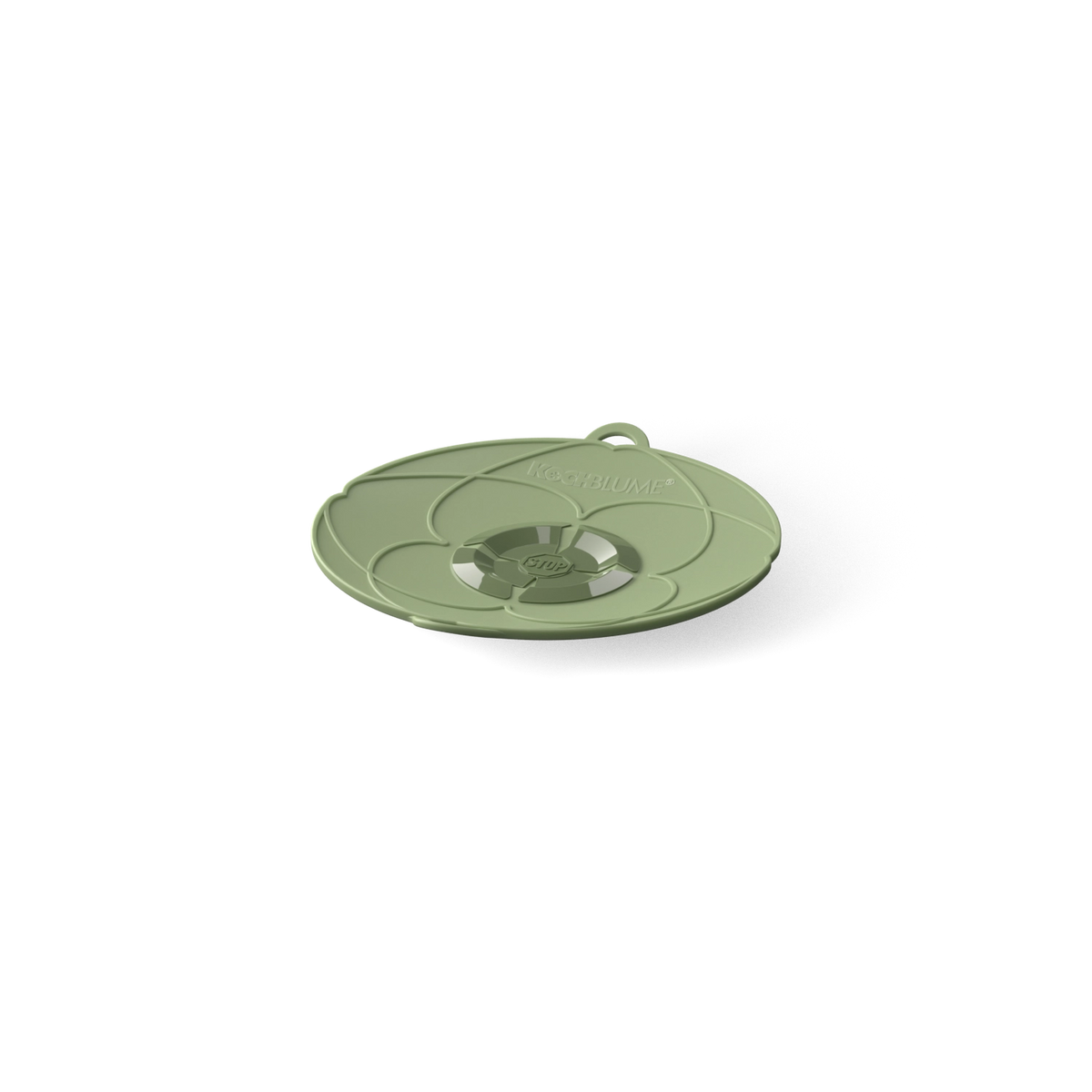 Runder, grüner Silikondeckel „Überkochschutz“ von Kochblume mit Zuglasche, hergestellt von der Kochblume GmbH, abgebildet auf einem schlichten weißen Hintergrund.