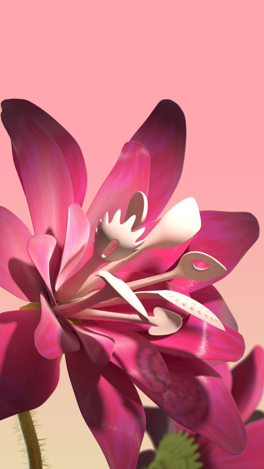 Eine rosa Blume mit übereinanderliegenden Blütenblättern und abstrakten weißen Formen in der Mitte, vor einem rosa Hintergrund.