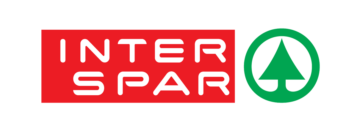 Das INTERSPAR-Logo mit weißer Schrift auf rotem Hintergrund und einem grünen Baumsymbol in einem grünen Kreis auf der rechten Seite.
