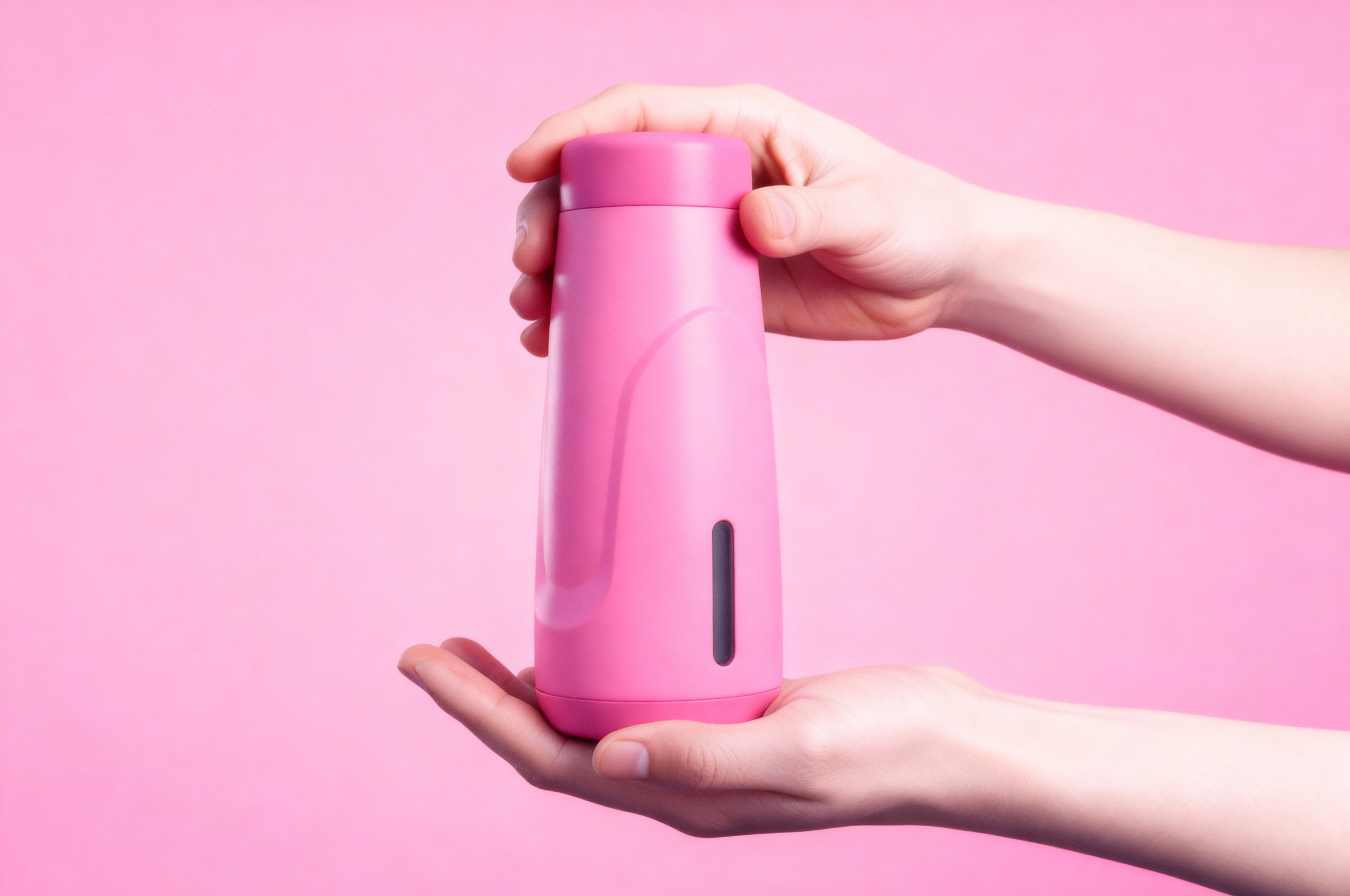 Zwei Hände halten eine rosa Flasche mit einem durchsichtigen Fenster vor einem einfarbig rosa Hintergrund.